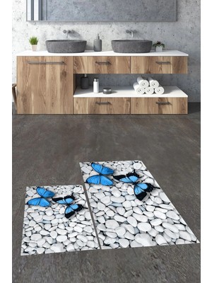 Mikasso 3D Kelebek Desenli Yıkanabilir Kaymaz Silinir Ikili Banyo Halısı Paspas Klozet Takımı Polyester Mavi