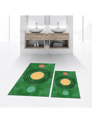Mikasso Dijital Baskılı Kaymaz Taban Yıkanabilir Ikili Banyo Paspas Klozet Takımı, V-Klozet-49-Yeşil, Polyes