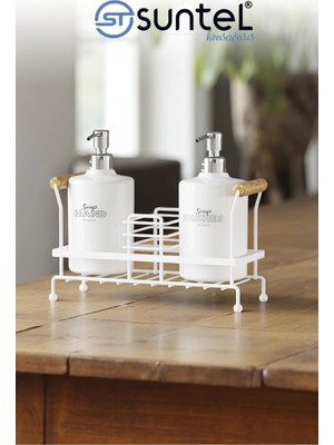 Mikasso 2’li Metal Standlı Plastik Sıvı Sabun Şişesi Sabunluk 500 ml Beyaz Plastik Beyaz