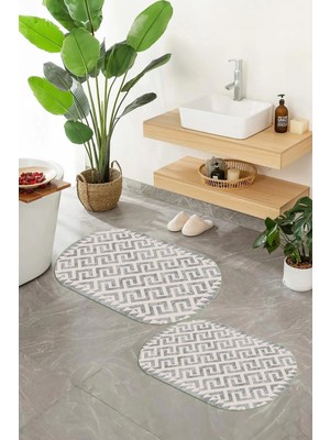 Mikasso Dijital Baskılı Kaymaz Taban Yıkanabilir Oval Banyo Paspası 2'li Klozet Takımı Polyester Çok Renkli