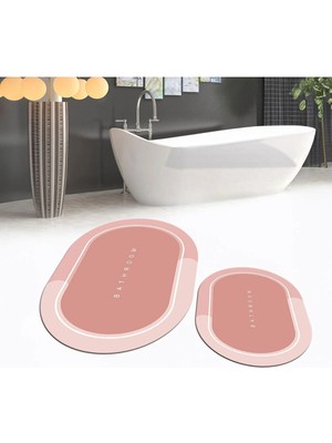 Mikasso Dijital Baskılı Kaymaz Taban Yıkanabilir Oval Ikili Banyo Paspas Klozet Takımı, V-O-Klozet-01-Pembe,