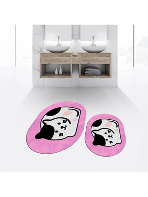 Mikasso Dijital Baskılı Kaymaz Taban Yıkanabilir Oval Ikili Banyo Paspas Klozet Takımı, V-O-Klozet-43-Pembe,