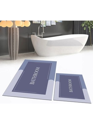 Mikasso Dijital Baskılı Kaymaz Taban Yıkanabilir Ikili Banyo Paspas Klozet Takımı, V-Klozet-02-Mavi, Polyest