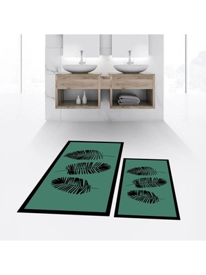 Mikasso Dijital Baskılı Kaymaz Taban Yıkanabilir Ikili Banyo Paspas Klozet Takımı, V-Klozet-26-Yeşil, Polyes