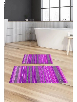 Mikasso Dijital Baskılı Kaymaz Taban Yıkanabilir Banyo Paspası 2'li Klozet Takımı Halısı Polyester Mor