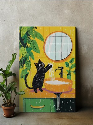 Mikasso Ellerini Yıkayan Kedi Posteri, Kedi Temalı Poster, Banyo Kedi Temalı Çerçevesiz Poster Kağıt Çok Ren