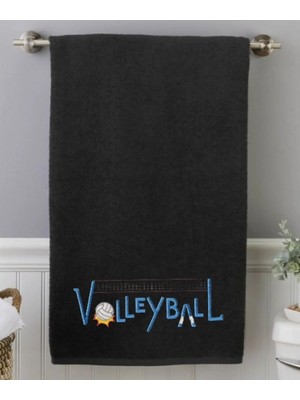 Mikasso Voleybol Fileli Yazı Nakış Işlemeli Spor Havlusu 50X90 Kadife Siyah