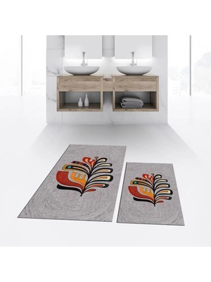 Mikasso Dijital Baskılı Kaymaz Taban Yıkanabilir Ikili Banyo Paspas Klozet Takımı, V-Klozet-27-Gri, Polyeste