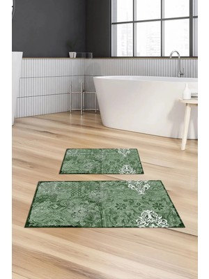 Mikasso Dijital Baskılı Kaymaz Taban Yıkanabilir Banyo Paspası 2'li Klozet Takımı Halısı Polyester Yeşil