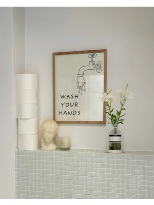 Mikasso Wash Your Hands, Banyo Posteri, Banyo Temalı Çerçevesiz Poster Kağıt Bej Çerçevesiz