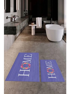 Mikasso Baskılı Yıkanabilir Kaymaz Çiçekli Home Yazılı Ikili Banyo Halısı Paspas Klozet Takımı Polyester Mor