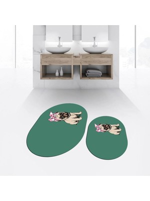 Mikasso Dijital Baskılı Kaymaz Taban Yıkanabilir Oval Ikili Banyo Paspas Klozet Takımı, V-O-Klozet-38-Yeşil,