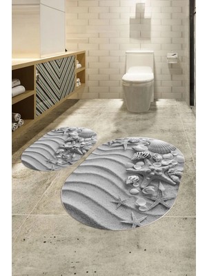 Mikasso 3D Dijital Baskılı Kaymaz Taban Yıkanabilir Oval Banyo Takımı Klozet Takımı, N-O-Klozet-48-Gri, Poly