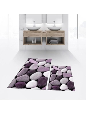 Mikasso Dijital Baskılı Kaymaz Taban Yıkanabilir Ikili Banyo Paspas Klozet Takımı, V-Klozet-46-Mor, Polyeste