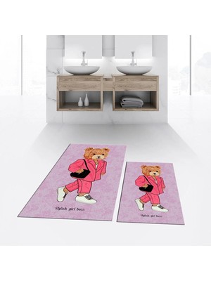 Mikasso Dijital Baskılı Kaymaz Taban Yıkanabilir Ikili Banyo Paspas Klozet Takımı, V-Klozet-34-Pembe, Polyes
