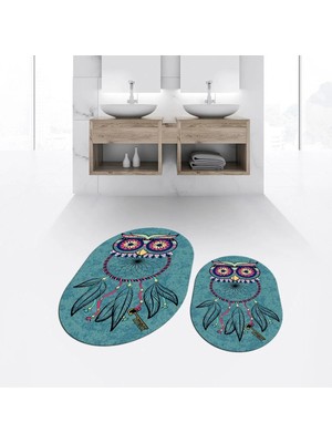 Mikasso Dijital Baskılı Kaymaz Taban Yıkanabilir Oval Ikili Banyo Paspas Klozet Takımı, V-O-Klozet-35-Mavi,