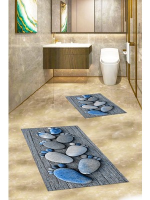 Mikasso 3D Dijital Yıkanabilir Kaymaz Ayak Izi Desen Ikili Banyo Halısı Paspas Klozet Takımı Polipropilen Ma