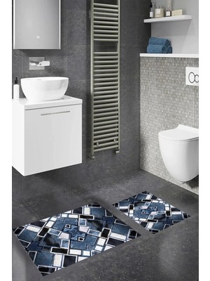 Mikasso Dijital Baskılı Kaymaz Taban Yıkanabilir Banyo Paspası 2'li Klozet Takımı Halısı Polyester Mavi