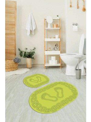 Mikasso Dijital Baskılı Kaymaz Yıkanabilir Ayak Desen Oval Banyo Takımı Klozet Takımı Polyester Yeşil