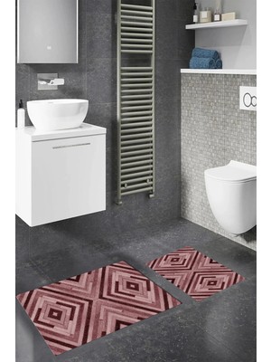 Mikasso Dijital Baskılı Kaymaz Taban Yıkanabilir Banyo Paspası 2'li Klozet Takımı Halısı Polyester Bordo