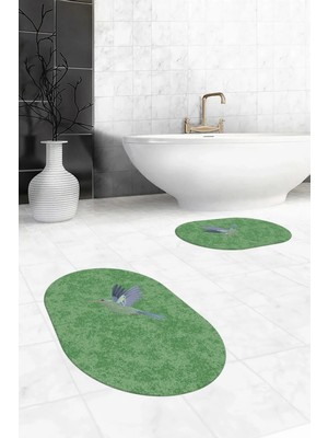 Mikasso Dijital Yıkanabilir Kaymaz Modern Kuş Desen Ikili Banyo Halısı Paspas Oval Klozet Takımı Polipropile