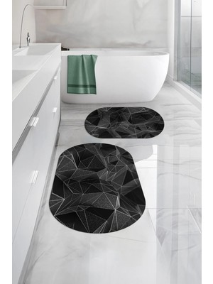Mikasso Dijital Baskılı Yıkanabilir Geometrik Desenli Oval Banyo Paspası Klozet Takımı Polyester Gri