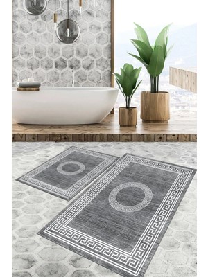 Mikasso Dijital Baskılı Kaymaz Tabanlı Yıkanabilir 2'li Set Banya Halısı Klozet Takımı Paspas VHKZ-SD-583 Po
