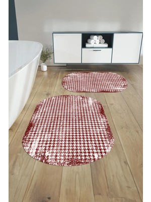 Mikasso Dijital Yıkanabilir Kare Desen Detaylı Oval Banyo Paspası Klozet Takımı Polyester Bordo