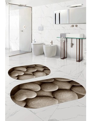 Mikasso Dijital Baskılı Yıkanabilir Kaymaz Taban Taş Modelli Oval Banyo Paspası Klozet Takımı Polyester Kahv