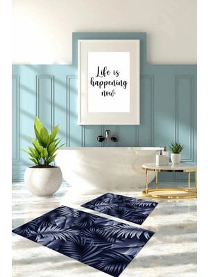 Mikasso Dijital Baskılı Yıkanabilir Modern Yaprak Desenli Banyo Paspası Klozet Takımı Polyester Lacivert