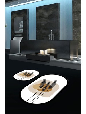 Mikasso Dijital Baskılı Kaymaz Taban Yıkanabilir Oval Banyo Takımı Klozet Takımı Polyester Beyaz