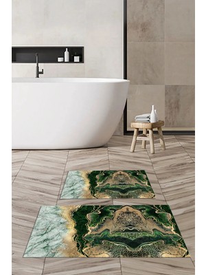 Mikasso Dijital Kaymaz Yıkanabilir Mermer Desen Banyo Paspası 2'li Klozet Takımı Halısı Polyester Yeşil