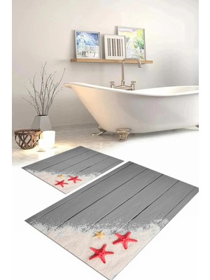 Mikasso Dijital Baskılı Yıkanabilir Modern Deniz Yıldızı Banyo Paspası Klozet Takımı Polyester Gri