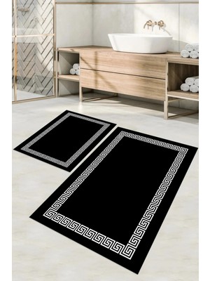 Mikasso Dijital Baskılı Yıkanabilir Kaymaz Taban Sade Çerçeveli Banyo Paspası Klozet Takımı Polyester Siyah