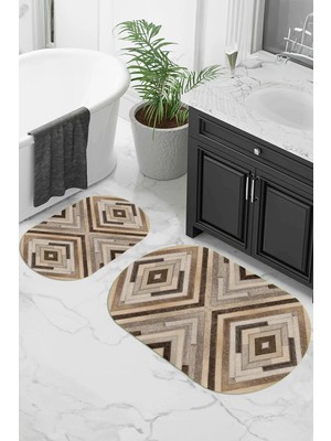 Mikasso Dijital Baskılı Kaymaz Taban Yıkanabilir Oval Banyo Paspası 2'li Klozet Takımı Polyester Çok Renkli