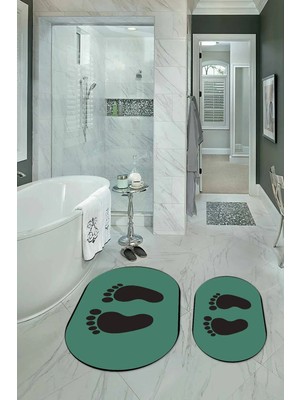 Mikasso Dijital Baskılı Kaymaz Yıkanabilir Ayak Desen Oval Banyo Takımı Klozet Takımı Polyester Yeşil