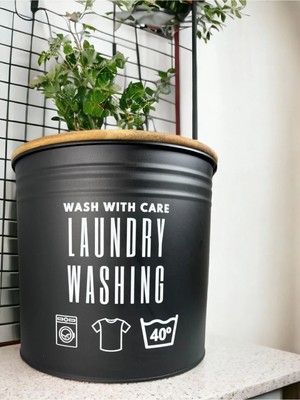 Mikasso Ahşap Kapaklı Deterjan Kutusu Banyo Düzenleyici Saklama Kabı Düzenleyici 7 Lt Siyah Metal Siyah
