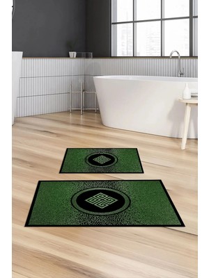Mikasso Dijital Baskılı Kaymaz Taban Yıkanabilir Banyo Paspası 2'li Klozet Takımı Halısı Polyester Yeşil
