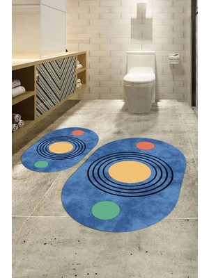 Mikasso Dijital Baskılı Kaymaz Taban Yıkanabilir Oval Banyo Takımı Klozet Takımı, N-O-Klozet-49-Mavi, Polyes