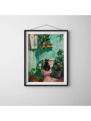 Mikasso Bathroom Cat – Tablo Ölçülerinde Çerçevesiz Poster – Banyoda Oturan Siyah Kedi Tablosu Kağıt Çok Ren