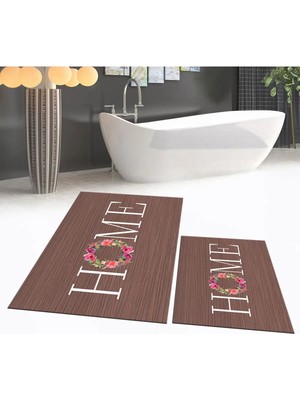 Mikasso Dijital Baskılı Kaymaz Taban Yıkanabilir Ikili Banyo Paspas Klozet Takımı, V-Klozet-12-Kahve, Polyes