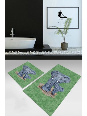 Mikasso Dijital Baskılı Kaymaz Yıkanabilir Fil Desen Ikili Banyo Takımı Klozet Takımı Polyester Yeşil