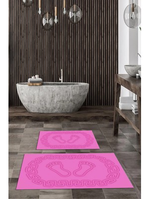 Mikasso Dijital Kaymaz Yıkanabilir Ayak Izi Desen Banyo Paspası 2'li Klozet Takımı Halısı Polyester Pembe