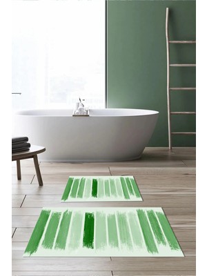 Mikasso Dijital Baskılı Kaymaz Taban Yıkanabilir Banyo Paspası 2'li Klozet Takımı Halısı Polyester Yeşil