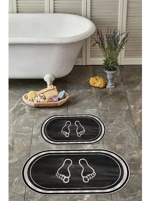 Mikasso Dijital Baskılı Yıkanabilir Kaymaz Taban Ayak Baskılı Oval Banyo Paspası Klozet Takımı Polyester Gri