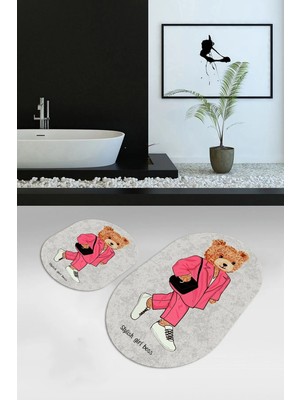 Mikasso Dijital Baskılı Kaymaz Taban Yıkanabilir Oval Banyo Takımı Klozet Takımı Polyester Gri