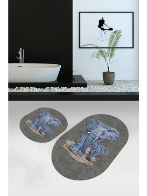 Mikasso Dijital Baskılı Kaymaz Yıkanabilir Fil Desen Oval Banyo Takımı Klozet Takımı Polyester Gri
