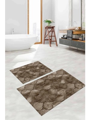 Mikasso Dijital Baskılı Yıkanabilir Kaymaz Taban Kupa Desenli Banyo Paspası Klozet Takımı Polyester Kahveren