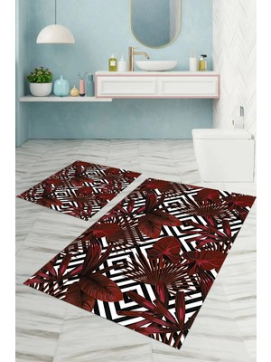 Mikasso Dijital Baskılı Yıkanabilir Klasik Çiçek Desenli Banyo Paspası Klozet Takımı Polyester Kırmızı