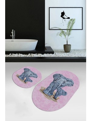 Mikasso Dijital Baskılı Kaymaz Yıkanabilir Fil Desen Oval Banyo Takımı Klozet Takımı Polyester Pembe